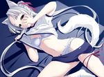  bed bra canine ears fluffy_tail fuffy_tail grey_hair hair mammal panties red_ribbon tail underwear unknown_artist wolf wolf_ears 