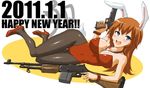  2011 animal_ears bad_id bad_pixiv_id blue_eyes breasts brown_hair bunny_ears bunnysuit charlotte_e_yeager dakku_(ogitsune) gun handgun large_breasts long_hair lying m1911 m1918_bar machine_gun medal new_year on_side pantyhose pistol rifle solo strike_witches trigger_discipline weapon world_witches_series 