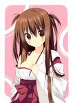  blush breasts brown_hair japanese_clothes kuwashima_rein long_hair miko open_mouth original red_eyes small_breasts solo tororo_inniina two_side_up 
