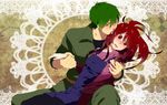  1girl biting blush couple dandruff doily ear_biting flaky flippy gpnet green_hair happy_tree_friends hetero military military_uniform overalls pantyhose red_eyes red_hair sitting sitting_on_lap sitting_on_person uniform wrist_grab 