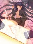  :d :p :q bag bare_legs barefoot bed black_eyes black_hair bra breasts feet from_above legs lingerie long_hair lying open_clothes open_mouth open_shirt original pink_bra purple_eyes school_uniform shirt skirt small_breasts smile solo tongue tongue_out underwear yamamoto_shima 