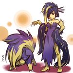  1girl :&lt; :o bare_shoulders breasts brown_hair cleavage dress elbow_gloves eyeshadow gen_4_pokemon gloves hair_over_one_eye high_heels hitec makeup medium_breasts moemon motion_lines multicolored_hair open_mouth personification pokemon pokemon_(creature) purple_eyes purple_hair shoes skuntank sweatdrop tail thighhighs two-tone_hair 