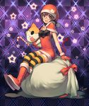  argyle argyle_background boots bow breasts candy candy_cane checkered checkered_background christmas covered_nipples demon_tail food glasses gloves hat holding holding_candy_cane looking_at_viewer lvans nanasaki_aki original red_bow sack santa_boots santa_costume santa_hat sitting small_breasts solo star striped striped_legwear stuffed_animal stuffed_cat stuffed_toy tail thighhighs 