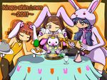  animal_costume animal_ears black_legwear blue_hair bottle bow brown_eyes brown_hair bunny bunny_costume bunny_ears bunny_tail bunnysuit carrot closed_eyes crown dog fork hair_ribbon idolmaster idolmaster_(classic) jewelry kisaragi_chihaya knife lid long_hair minase_iori multiple_girls necklace pantyhose plate ribbon serving tail takatsuki_yayoi thighhighs tray twintails wrist_cuffs yuutousei 