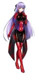  1girl alternate_costume asagami_fujino black_ribbon bodysuit boots breasts cameltoe corset damao_yu elbow_gloves full_body gloves hair_ribbon high_heel_boots high_heels highres kara_no_kyoukai large_breasts latex_bodysuit long_hair purple_hair red_eyes red_footwear red_gloves red_legwear ribbon simple_background solo standing thigh_boots thighhighs white_background 