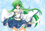  breasts detached_sleeves frog green_hair hair_ornament highres kochiya_sanae large_breasts long_hair midriff osashin_(osada) snake solo touhou yellow_eyes 