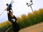  2boys absurdres bleach cosplay highres kurosaki_ichigo multiple_boys photo polearm shiba_kaien shinigami spear trident weapon willend_(arist) 