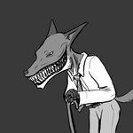  black_and_white cane canine elemental_plane_of_teeth fox male monochrome necktie nightmare_fuel oniontrain red_(rq) ruby_quest smile solo 