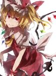  bad_id bad_pixiv_id blonde_hair fangs flandre_scarlet hat hisona_(suaritesumi) jitome laevatein leaning_forward red_eyes ribbon side_ponytail simple_background smirk solo touhou wings wrist_ribbon 