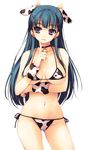  big_breasts bikini blue_hair breasts clothed clothing collar cow_ears cow_print cowgirl exposed_midriff female hair horn horns looking_at_viewer plain_background purple_eyes side-tie_bikini skimpy solo swimsuit unknown_artist white_background wristband 