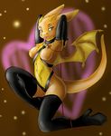  bdsm bondage boots breasts chest_tuft collar dragon female gloves kneeling pearl_(character) raised_arm scalie solo ticl tongue wings yellow 