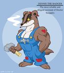  antti_remes badger bulge clothed clothing dennis_the_badger doctor_snuggles english_text hammer karri_aronen looking_at_viewer male mammal mustelid rule_34 smoking solo tattoo text tool tools 