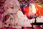  antiqua_c bare_shoulders bottomless bra braid breasts candle cleavage hair_ribbon izayoi_sakuya jewelry lingerie long_hair lying maid_headdress medium_breasts necklace off_shoulder on_stomach red_eyes ribbon silver_hair solo touhou underwear undone 