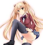  black_legwear blonde_hair blush bug butterfly dressing insect long_hair natsume_fumika official_art satohime_maria school_uniform skirt solo sundere! thighhighs twintails yellow_eyes 