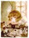  alice_margatroid bad_id bad_pixiv_id blonde_hair book doll hairband head_rest highres keiko_(mitakarawa) letter shanghai_doll short_hair smile solo touhou traditional_media yellow_eyes 