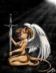  14-bis angel_wings breasts dungeon female fernando_faria kneeling loincloth solo sword topless underwear weapon wings 