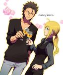  1girl absurdres ahoge alcohol artoria_pendragon_(all) blonde_hair blue_eyes casual fate/zero fate_(series) formal highres lancer_(fate/zero) mole mole_under_eye pant_suit ponytail saber shinkai_(love-the-earth) suit waistcoat wine yellow_eyes 