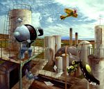  airplane awl blue_sky chimney cloud day factory gen_1_pokemon gen_3_pokemon grass ladder magnemite mawile no_humans outdoors paper pokemon pokemon_(creature) registeel rust sky swing zenmai_hizu 