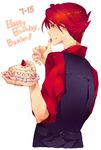  bad_id bad_pixiv_id bangoul cake food food_on_face fruit happy_birthday licking male_focus profile purple_eyes red_hair solo strawberry umineko_no_naku_koro_ni ushiromiya_battler 