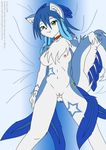  bed blue blue_hair breasts c0sm0_(character) canine chest_tuft dog faiz fang fangs feather female fur green_eyes hair husky hybrid looking_at_viewer mammal metal-renamon nipples nude pussy solo tail tuft white white_fur 