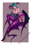  animal_print bare_shoulders bat_print bat_wings boots breasts bridal_gauntlets character_name cleavage collarbone demon_girl elbow_gloves gloves green_eyes green_hair head_wings high_heels large_breasts leotard lips long_hair momoman_(pink_voltage) morrigan_aensland pantyhose print_legwear shoes solo succubus vampire_(game) wings 