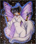  &hearts; 2009 arm_warmer arms_raised breasts butterflies butterfly_wings canine chest_tuft collar conbadge dagger_leonelli dog female glasses purple solo tail thewhitedemon wings 
