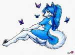  blue blue_eyes breasts butterflies canine claws dog ear_piercing ear_tufts earring female husky katrina looking_at_viewer lying piercing pose raised_tail rupee solo tail white_background 
