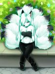  big_breasts black_nose blush breasts canine choker cleavage clothed clothing cute female flower fluffy_tail fox hair hair_over_eye kitsune long_hair mammal multiple_tails navel purple_eyes shiori_shi sitting smile solo spazzykoneko tail tube_top vixen white_hair wide_hips 