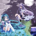  bad_id bad_pixiv_id black_choker blue_choker blue_eyes blue_hair boots choker cure_marine cure_moonlight flower heartcatch_precure! knee_boots kurumi_erika long_hair magical_girl mirrrrr moon multiple_girls night petals precure purple_hair thighhighs tsukikage_yuri 