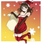  akizuki_ritsuko bad_id bad_pixiv_id boots brown_eyes brown_hair elbow_gloves glasses gloves idolmaster idolmaster_(classic) long_hair minatsuki_randoseru sack santa_costume solo thigh_boots thighhighs 