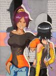  2girls ass big_breasts black_hair bleach braid breasts dark_skin flat_chest highres large_breasts long_hair multiple_girls purple_hair shihouin_yoruichi small_breasts smile soifon sui-feng torn_clothes twin_braids yellow_eyes 