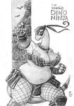  bbw belly chubby dinosaur female fishnet greyscale monochrome ninja overweight scalie unknown_artist wide_hips 