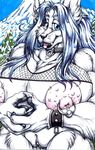 blue_hair bracelet breasts canine day female fenrir_lunaris fishnet hair jewelry lips looking_at_viewer nipple_piercing nipples open_mouth outside piercing pussy solo white wolf 