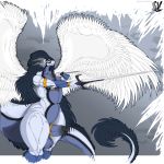  2019 4_fingers absurd_res anthro balls big_balls big_butt big_penis black_penis black_skin blue_feathers blue_penis blue_skin butt circumcised claws clerian clerian_(clerian) clothing digital_media_(artwork) dragon erection feathered_wings feathers girly hair hi_res horn huge_tail humanoid_penis jewelry long_hair male markings melee_weapon nude penis piercing pinup portrait pose raised_tail scales scalie seductive solo standing sword thick_penis thick_tail thick_thighs three-quarter_portrait weapon white_skin wide_hips wings yellow_eyes 