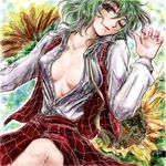  ;) breasts breasts_apart collarbone flower green_hair kazami_yuuka lowres lying medium_breasts nanashii_(soregasisan) no_bra on_back one_eye_closed open_clothes open_shirt plaid plaid_skirt plaid_vest red_eyes shirt short_hair skirt skirt_set smile solo sunflower touhou vest white_shirt 