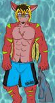  abs blonde_hair flameydragwasp green_eyes hair happy_trail herm hybrid intersex looking_at_viewer maleherm muscles shorts solo standing stripes topless 
