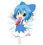  aqua_eyes bad_id bad_pixiv_id barefoot blue_hair blush bow chibi cirno dress green_eyes hair_bow massala outstretched_arms short_hair solo spread_arms touhou wings 