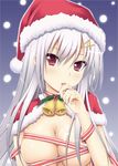  bell bell_collar blush breasts christmas cleavage collar cum cum_on_body cum_on_upper_body hair_ornament hairclip hat highres jingle_bell large_breasts licking long_hair naked_ribbon no_bra open_mouth original red_eyes ribbon santa_hat shake_(ferit3) silver_hair snow solo tongue 
