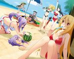  1boy 6+girls 6girls beach bent_over bikini blindfold blonde_hair blush breasts cleavage cosmic_break crimrose drill_hair eyes_closed food fruit gothic_lolita hair_ornament hair_ribbon hat highres jikun_hu jikun_long katana lolita_fashion long_hair male mecha_musume midriff misty_hollow multiple_girls navel open_mouth ouka ouka_(cosmic_break) ouka_tayu panties pimp ponytail popsicle purple_hair red_eyes ribbon shorts side-tie_bikini silver_hair sitting sleeping swimsuit sword thoarla_nimbus thong umbrella underwear watermelon weapon winberrl 