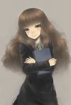  bad_id bad_pixiv_id book brown_eyes brown_hair curly_hair harry_potter hermione_granger hinase_kanoto long_hair simple_background smile solo wavy_hair 