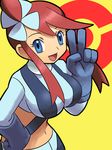  blue_eyes bm03 breasts fuuro_(pokemon) gloves hair_ornament large_breasts midriff navel pokemon pokemon_(game) pokemon_bw red_hair solo v 