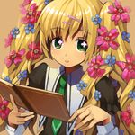  1girl :&gt; blonde_hair book cordelia_glauca face flower goe green_eyes hair_flower hair_ornament hairclip long_hair necktie reading school_uniform solo tantei_opera_milky_holmes twintails 