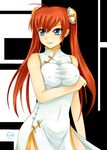  blue_eyes breast_hold breasts bun_cover china_dress chinese_clothes covered_nipples double_bun dress firia_nana gintama kagura_(gintama) large_breasts red_hair shirt side_slit smile taut_clothes taut_shirt twintails 