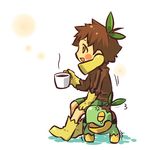  anger_vein blush_stickers boots brown_hair cup gen_4_pokemon hitec leaf moemon mug open_mouth personification pokemon pokemon_(creature) shorts sitting smile tears turtwig yellow_eyes 