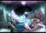  adesa ahoge blue_hair bow cirno closed_eyes glomp hair_bow happy hat hug letty_whiterock multiple_girls purple_eyes purple_hair snow touhou tree wings 