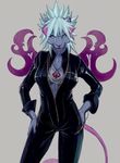  breasts chest_tuft claws clothed clothing demon ear_piercing earring enrin feline female fur green_eyes grey_hair hair horn horns looking_at_viewer mammal necklace open_mouth piercing radicalizm-e short_hair solo standing tail teeth tuft zipper 