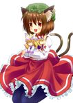  :d animal_ears black_legwear brown_hair cat_ears cat_tail character_doll chen earrings fang geso_(nekomachi) holding jewelry multiple_tails open_mouth pantyhose short_hair simple_background sitting smile snowflakes solo tail touhou yakumo_ran yakumo_yukari 