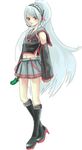  boots cucumber detached_sleeves headphones long_hair midriff miniskirt samehada skirt solo sukone_tei uniform utau white_hair 