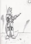  armor black_and_white canine fox gun male metal_fox military monochrome outside sci-fi scout tail weapon 