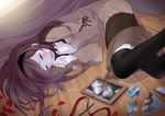  black_legwear break_up broken_glass brown_eyes brown_hair commentary_request crying crying_with_eyes_open glass hairband heart jewelry long_hair lying necklace open_mouth original pendant petals photo_(object) red_eyes sad solo tears thighhighs torn zpolice 